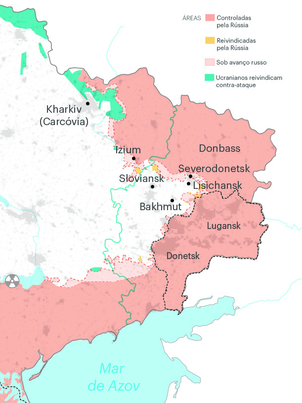 Mapa da Ucrânia com a invasão russa