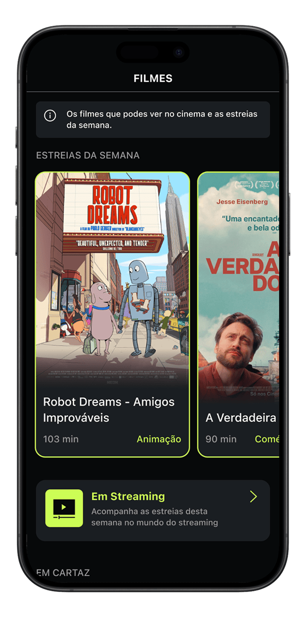 Imagem da aplicação gen P com os filmes da semana