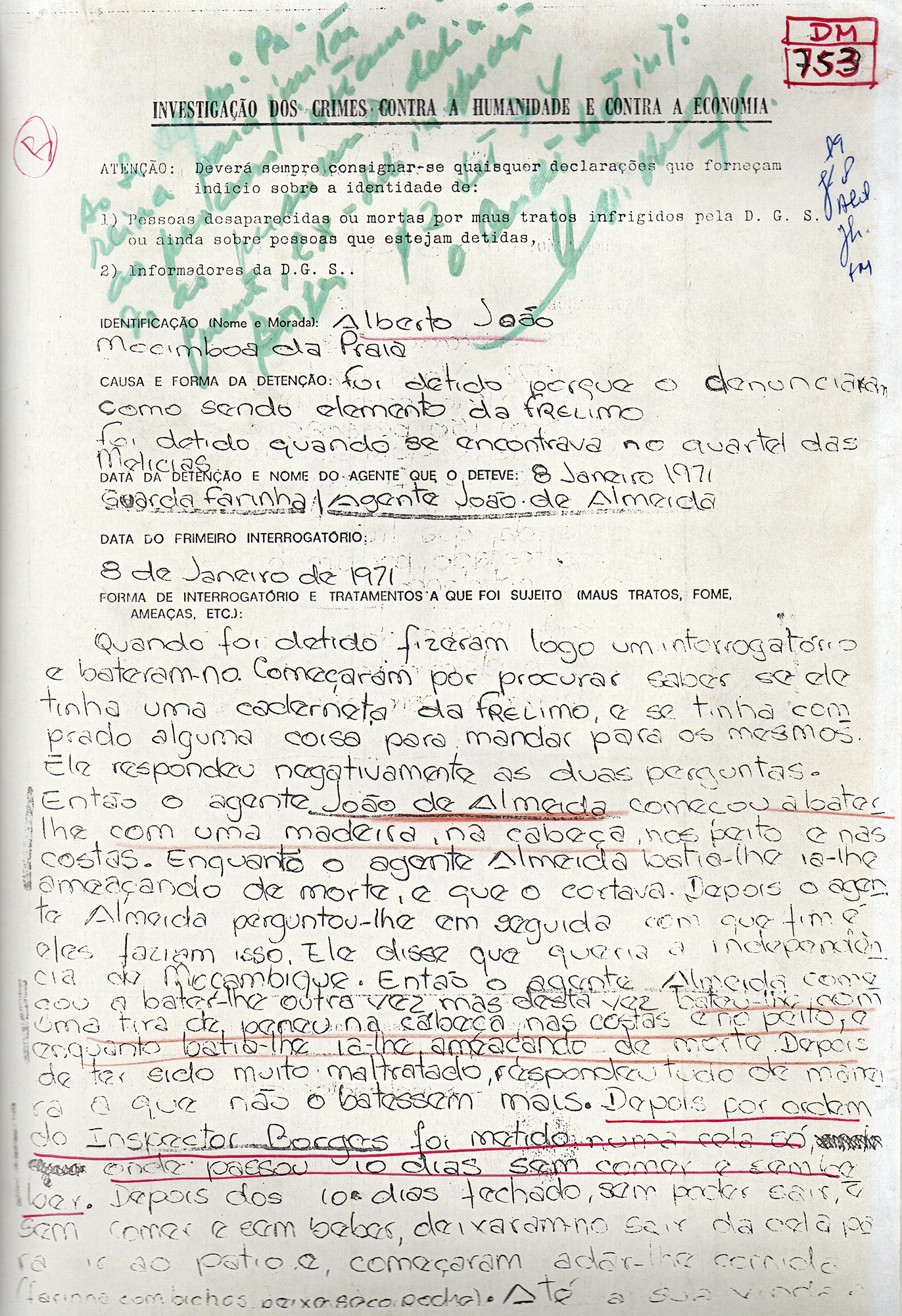 Folha pré-impressa distribuída pelos Democratas de Moçambique junto da população civil para denunciar os crimes da PIDE/DGS
