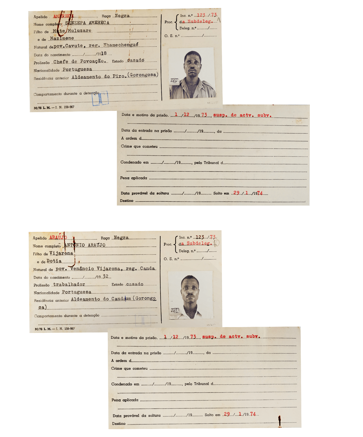 Fichas originais de reclusos de Senzepa Amereca e António Araújo, presos em Dezembro e Novembro de 1973 em Vila Paiva de Andrade. Segundo a PIDE foram transferidos para a Beira e soltos a 29 de Janeiro de 1974. Em Junho continuavam desaparecidos